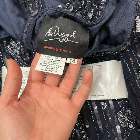 MAC DUGGAL 9064 Embellished Cap Sleeve Faux Wrap Trumpet Gown Midnight 14 NEW - Picture 5 of 9